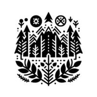 Stylized black and white circular emblem featuring a forest scene with trees, foliage, and symbolic elements. vector