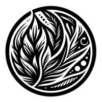 Circular Black White Illustration Detailed Feather and Leaf Motif Enclosed Within a Bold Circle, Organic Forms and Dot Accents. vector
