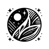 Symbolic Circle of Nature A Stellar Nightscape Melds with Leafy Forms in Bold Black and White Minimalism. vector