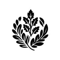 A symmetrical, stylized black and white floral emblem or crest featuring an enclosed botanical with leaves and stems. vector