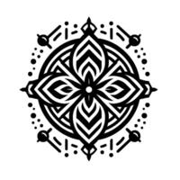 A symmetrical black and white floral mandala featuring intricate petal patterns, surrounded by a circular border with dotted and line elements, on a clean white background. vector