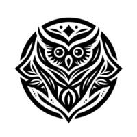 Intricate Black and White Owl Crest, Geometric Tribal , Circular Composition, Isolated on White Background, symmetrical vector