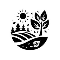 Circular Black White Illustration Sunny Day in the Countryside with Rolling Hills, Trees, and a Large Leafy Tree vector