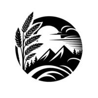 Abstract Black and White Circle Composition featuring wheat stalks, mountains, trees, a sun, and a lake, suggesting a serene agricultural landscape. vector