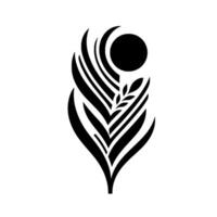 Minimalist Black and White Emblem Abstract Feather with Sun Foliage Elements, Modern Symbolism. vector