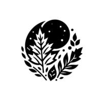 Abstract Black and White Foliage Composition Leafs, Branches, and Celestial Body within an Oval, Modern Minimalism. vector