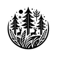 Black and White Circular Illustration of a Forest Scene with Two Deer, Trees, and Celestial Elements vector