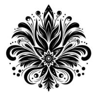 Symmetrical Black and White Floral Ornament with Intricate Leaf and Swirl Elements, Centered on a White Background. vector