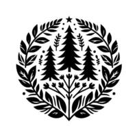 A symmetrical, monochromatic winter holiday emblem featuring stylized evergreen trees, foliage, and a star, within a circular frame. vector