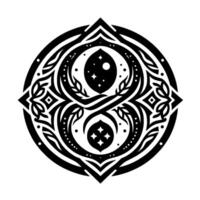 Intricate symmetrical black and white circular featuring celestial elements, floral motifs, and geometric patterns. vector