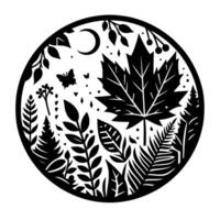Circular Black and White Illustration Featuring a Maple Leaf, Butterflies, Crescent Moon, and Various Foliage Elements in a Decorative . vector
