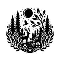 Black and White Stylized Forest Scene with Deer, Bird, Moon, and Stars within a Circular Frame. vector