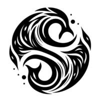 A swirling symmetrical black and white , resembling stylized birds or aquatic creatures forming a continuous, circular flow, with dot accents. vector