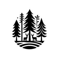 Silhouette of a forest scene with deer, tall pine trees, foliage, and curved ground inside an oval shape on a white background. vector