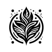 Black and White Floral Motif A symmetrical, stylized botanical within a circular frame, encircled by small dot embellishments. vector