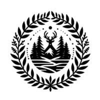Minimalist deer emblem with a forest scene and laurel wreath, rendered in black and white, evoking nature. vector