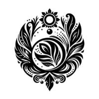 Intricate black and white symmetrical floral emblem with sunlike top element, detailed leaf patterns, and a central stylized bloom, on white background. vector