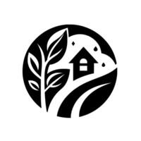 Black and white of a circular garden scene featuring a house, crops, leaves, and rain droplets. vector