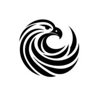 A stylized, circular black and white of a hawks head with bold, flowing, curved lines. vector