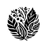 Elegant Black and White Circular Composition of Leaves, Berries, and Branches, Botanical Illustration in Minimalist Style. vector
