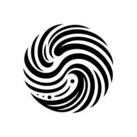 Intricate black and white abstract , showcasing a swirling pattern of curved lines, forming a circular motif reminiscent of a cosmic dance. The artwork features a minimalist aesthetic. vector