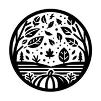 Intricate blackandwhite circular cutout depicting a harvest scene with pumpkin, leaves, trees, and fields. vector