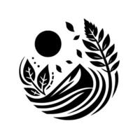 A stylized black and white circular composition features a sun, mountain, leaves, and other natural elements arranged in a minimalist . vector