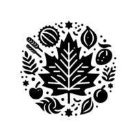 Circular Black and White Autumnal Illustration Central Maple Leaf Surrounded by Fall Harvest Elements in a Minimalist Style vector