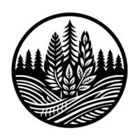 Black and white circular landscape illustration featuring stylized trees, foliage, and rolling hills within a clean, minimalist . vector