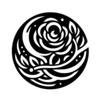 A bold, circular, black and white rose and leaf silhouette , abstract and elegant. vector