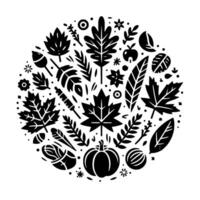 Black and White Circular Composition of Autumnal Elements Leaves, Pumpkins, Apples, and Seeds, Creating a Harmonious Seasonal vector