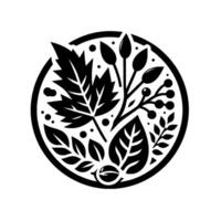 A Stylized Black and White Botanical Circle Composition Featuring Leaves, Berries, and Buds, on a White Background. vector