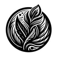 Stylized, symmetrical, and intricately detailed black and white illustration of leaves and other botanical elements arranged within a circular frame. vector