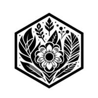 Geometric Black and White Floral Emblem A Detailed Illustration of a Central Flower, Leaves, and Berries, Enclosed Within a Hexagonal Frame. vector