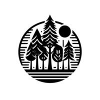 Black and White Silhouette of a Forest Scene Enclosed in a Circular Frame with Horizontal Lines, Depicting Trees and Sun vector