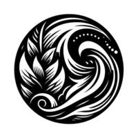 Black and white stylized circular of floral elements, waves, and dots, creating a balanced, decorative pattern. vector