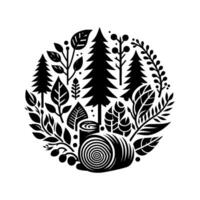A stylized, circular black and white illustration of a forest scene with trees, leaves, and a log. vector