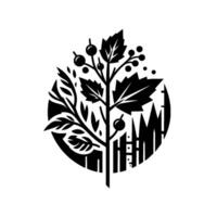A black and white stylized botanical illustration featuring leaves, berries, and a minimalist tree within a circular frame. vector