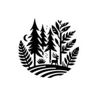 Stylized Black and White Forest Scene Deer, Pine Trees, Moon, and Foliage Arranged in a Circular Composition on White Background. vector