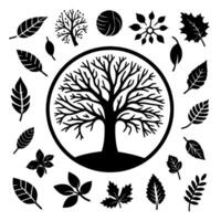 Black and White Illustrated Tree with Assorted Leaves and Floral Elements in a Circular Composition on White Background. vector