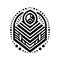 Abstract Geometric Emblem with a Central Figure Featuring Mountainous Landscape, Sun and Zigzag Pattern, Dots in Border. vector