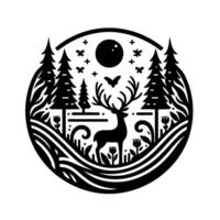 Monochromatic circle scene A majestic stag in a forest, framed by stylized trees, plants, and moon, and surrounded by natureinspired elements. vector