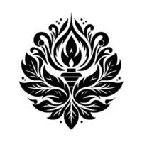 Black and White Floral Emblem Stylized torchlike centerpiece framed by symmetrical leaves, swirls, and dots on a white background. vector