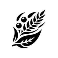 Stylized monochrome botanical illustration featuring a leaf, wheat, and berries, presented against a white background. vector