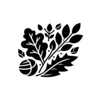 Monochrome botanical illustration stylized leaves, branches, and a spherical element, arranged symmetrically against a white backdrop. vector
