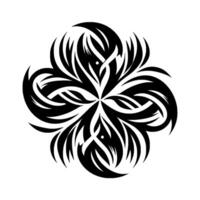 Symmetrical Black and White Floral Mandala with Intertwined Leaflike Elements, Forming a Dynamic, Circular Composition. vector