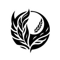 Black and White Artistic Emblem A stylized floral with a circular element, incorporating leaf and wheat motifs, evoking natures elegance. vector