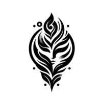 Abstract black and white symmetrical featuring stylized face with feathery details, inside a circular frame, encircled by dots. vector