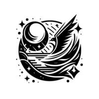 Black and white minimalist illustration of a bird soaring within a celestial circle, with a crescent moon, stars, and abstract landscape. vector