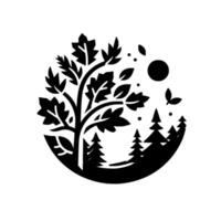 Stylized Monochrome Nature Scene Tree, Evergreen Forest, Sun, and Leaves in a Circular Composition. vector